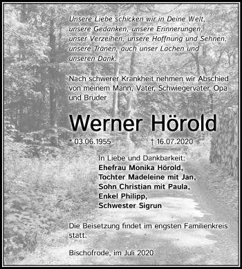 Traueranzeige von Werner Hörold von Mitteldeutsche Zeitung Mansfelder Land