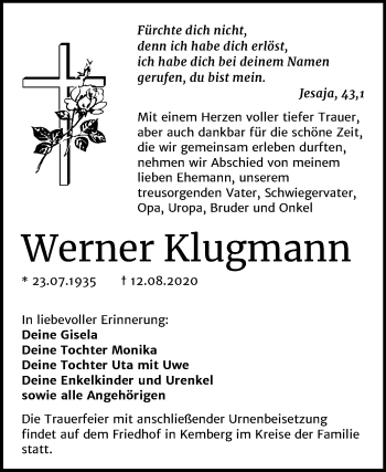Traueranzeige von Werner Klugmann von Mitteldeutsche Zeitung Wittenberg