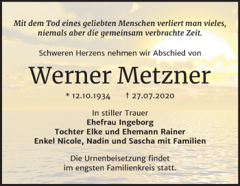 Traueranzeige von Werner Metzner von Mitteldeutsche Zeitung Bernburg