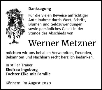 Traueranzeige von Werner Metzner von Super Sonntag Bernburg