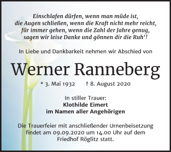 Traueranzeige von Werner Ranneberg von Mitteldeutsche Zeitung Merseburg/Querfurt