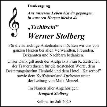 Traueranzeige von Werner Stolberg von Super Sonntag Sangerhausen