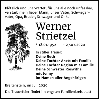 Traueranzeige von Werner Strietzel von Mitteldeutsche Zeitung Sangerhausen