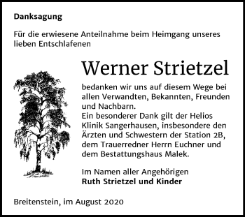 Traueranzeige von Werner Strietzel von Mitteldeutsche Zeitung Sangerhausen