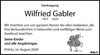 Traueranzeige von Wilfried Gabler von Wochenspiegel Weißenfels
