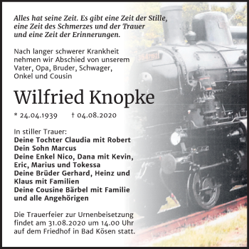 Traueranzeige von Wilfried Knopke von Wochenspiegel Naumburg/Nebra