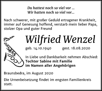 Traueranzeige von Wilfried Wenzel von Super Sonntag Merseburg/Querfurt