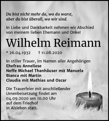 Traueranzeige von Wilhelm Reimann von Super Sonntag Bernburg