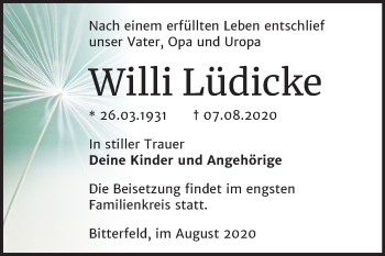 Traueranzeige von Willi Lüdicke von Mitteldeutsche Zeitung Bitterfeld