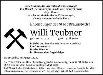Traueranzeige von Willi Teubner von Super Sonntag Merseburg/Querfurt