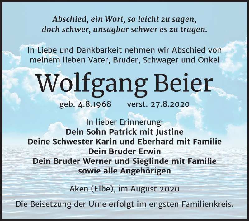 Traueranzeige für Wolfgang Beier vom 29.08.2020 aus Mitteldeutsche Zeitung Köthen