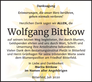 Traueranzeige von Wolfgang Bittkow von Wochenspiegel Bitterfeld
