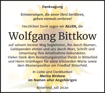 Traueranzeige von Wolfgang Bittkow von Mitteldeutsche Zeitung Bitterfeld