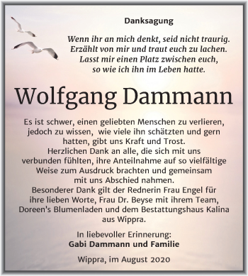 Traueranzeige von Wolfgang Dammann von Mitteldeutsche Zeitung Sangerhausen