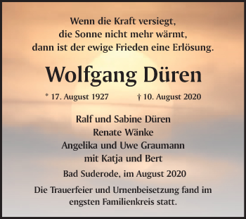 Traueranzeige von Wolfgang Düren von Mitteldeutsche Zeitung Quedlinburg