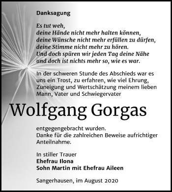 Traueranzeige von Wolfgang Gorgas von Wochenspiegel Sangerhausen