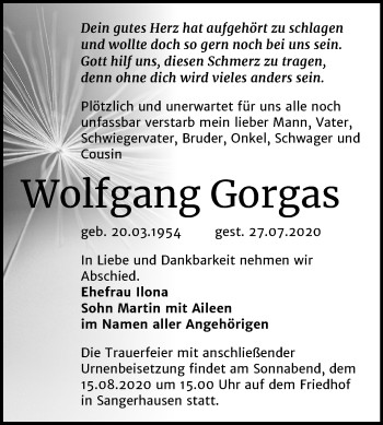 Traueranzeige von Wolfgang Gorgas von Mitteldeutsche Zeitung Sangerhausen