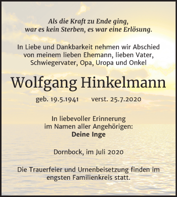 Traueranzeige von Wolfgang Hinkelmann von Super Sonntag Köthen