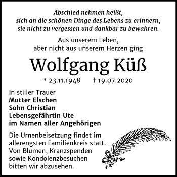 Traueranzeige von Wolfgang Küß von Wochenspiegel Bitterfeld