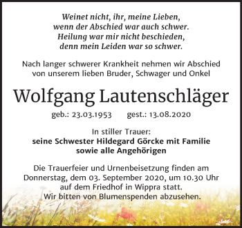 Traueranzeige von Wolfgang Lautenschläger von Super Sonntag Mansfelder Land