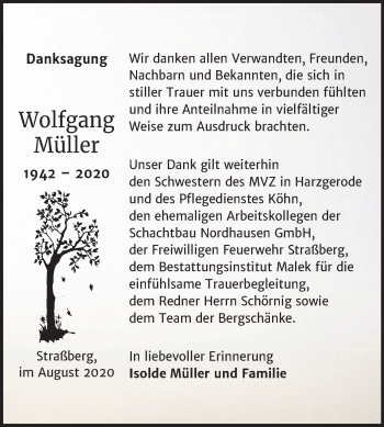 Traueranzeige von Wolfgang Müller von Mitteldeutsche Zeitung Quedlinburg