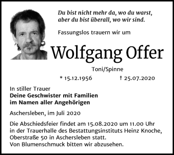 Traueranzeige von Wolfgang Offer von Mitteldeutsche Zeitung Aschersleben