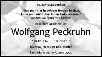 Traueranzeige von Wolfgang Peckruhn von Mitteldeutsche Zeitung Sangerhausen