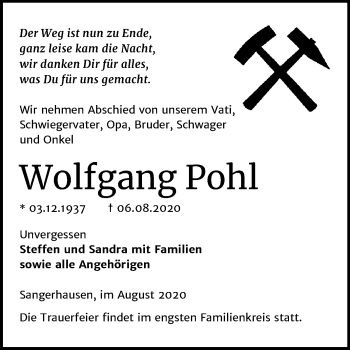 Traueranzeige von Wolfgang Pohl von Mitteldeutsche Zeitung Sangerhausen