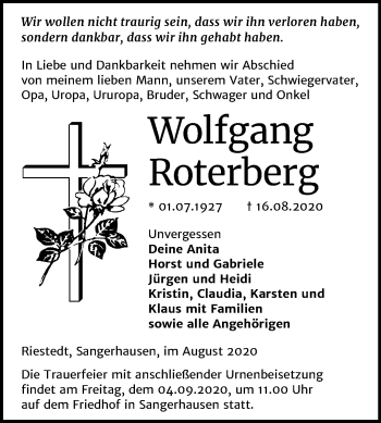 Traueranzeige von Wolfgang Roterberg von Super Sonntag Sangerhausen