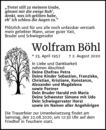 Traueranzeige von Wolfram Böhl von Mitteldeutsche Zeitung Weißenfels
