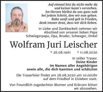 Traueranzeige von Wolfram Juri Leischer von Wochenspiegel Mansfelder Land