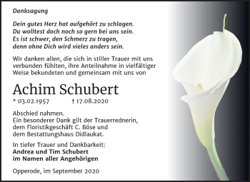 Traueranzeige von Achim Schubert von Super Sonntag Quedlinburg