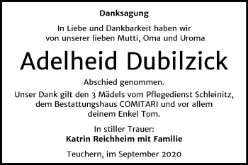 Traueranzeige von Adelheid Dubilzick von Mitteldeutsche Zeitung Weißenfels