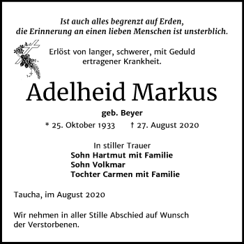 Traueranzeige von Adelheid Markus von Mitteldeutsche Zeitung Weißenfels