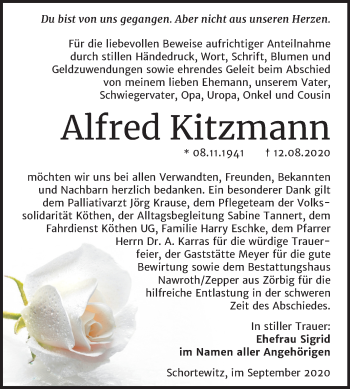 Traueranzeige von Alfred Kitzmann von Mitteldeutsche Zeitung Köthen