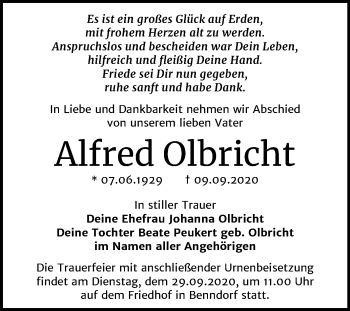 Traueranzeige von Alfred Olbricht von Mitteldeutsche Zeitung Sangerhausen