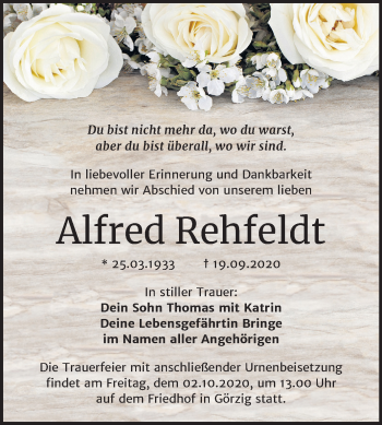 Traueranzeige von Alfred Rehfeldt von Wochenspiegel Köthen