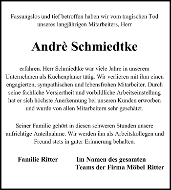 Traueranzeige von Andre Schmiedtke von Mitteldeutsche Zeitung Quedlinburg