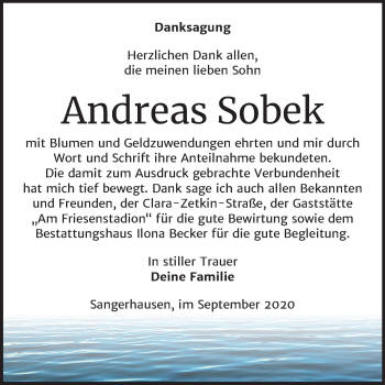 Traueranzeige von Andreas Sobek von Mitteldeutsche Zeitung Sangerhausen