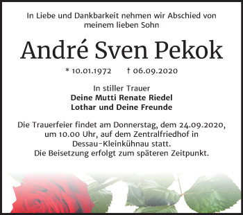 Traueranzeige von André Sven Pekok von Mitteldeutsche Zeitung Dessau-Roßlau