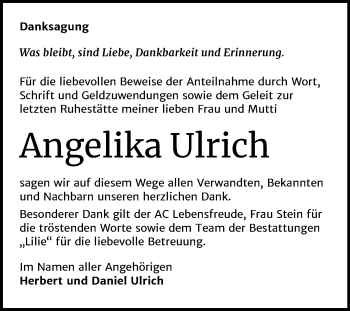 Traueranzeige von Angelika Ulrich von Mitteldeutsche Zeitung Dessau-Roßlau
