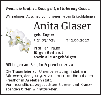 Traueranzeige von Anita Glaser von Wochenspiegel Mansfelder Land