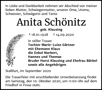 Traueranzeige von Anita Schönitz von Mitteldeutsche Zeitung Aschersleben