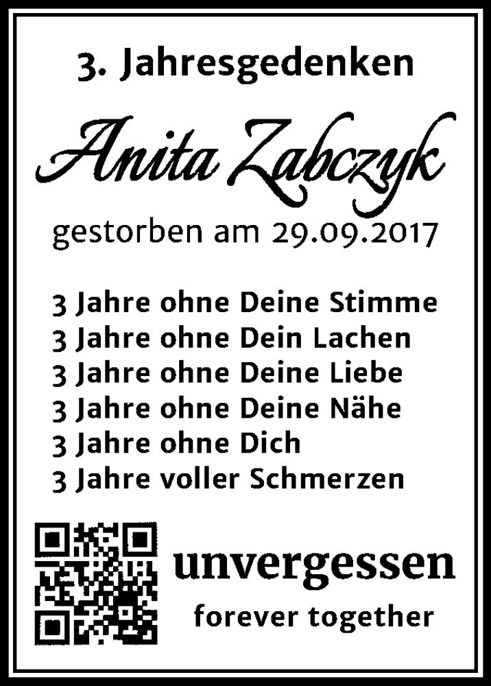  Traueranzeige für Anita Zabczyk vom 26.09.2020 aus Mitteldeutsche Zeitung Merseburg/Querfurt