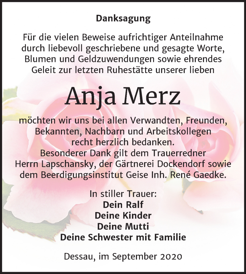  Traueranzeige für Anja Merz vom 05.09.2020 aus Mitteldeutsche Zeitung Dessau-Roßlau