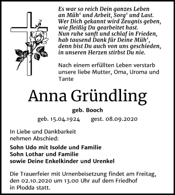 Traueranzeige von Anna Gründling von Wochenspiegel Bitterfeld