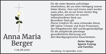 Traueranzeige von Anna Maria Berger von Mitteldeutsche Zeitung Naumburg/Nebra