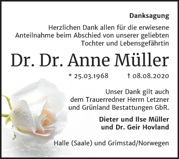 Traueranzeige von Anne Müller von Mitteldeutsche Zeitung Halle/Saalkreis