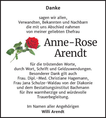 Traueranzeige von Anne-Rose Arendt von Mitteldeutsche Zeitung Dessau-Roßlau