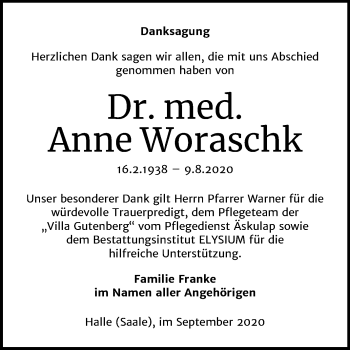 Traueranzeige von Anne Woraschk von Mitteldeutsche Zeitung Halle/Saalkreis